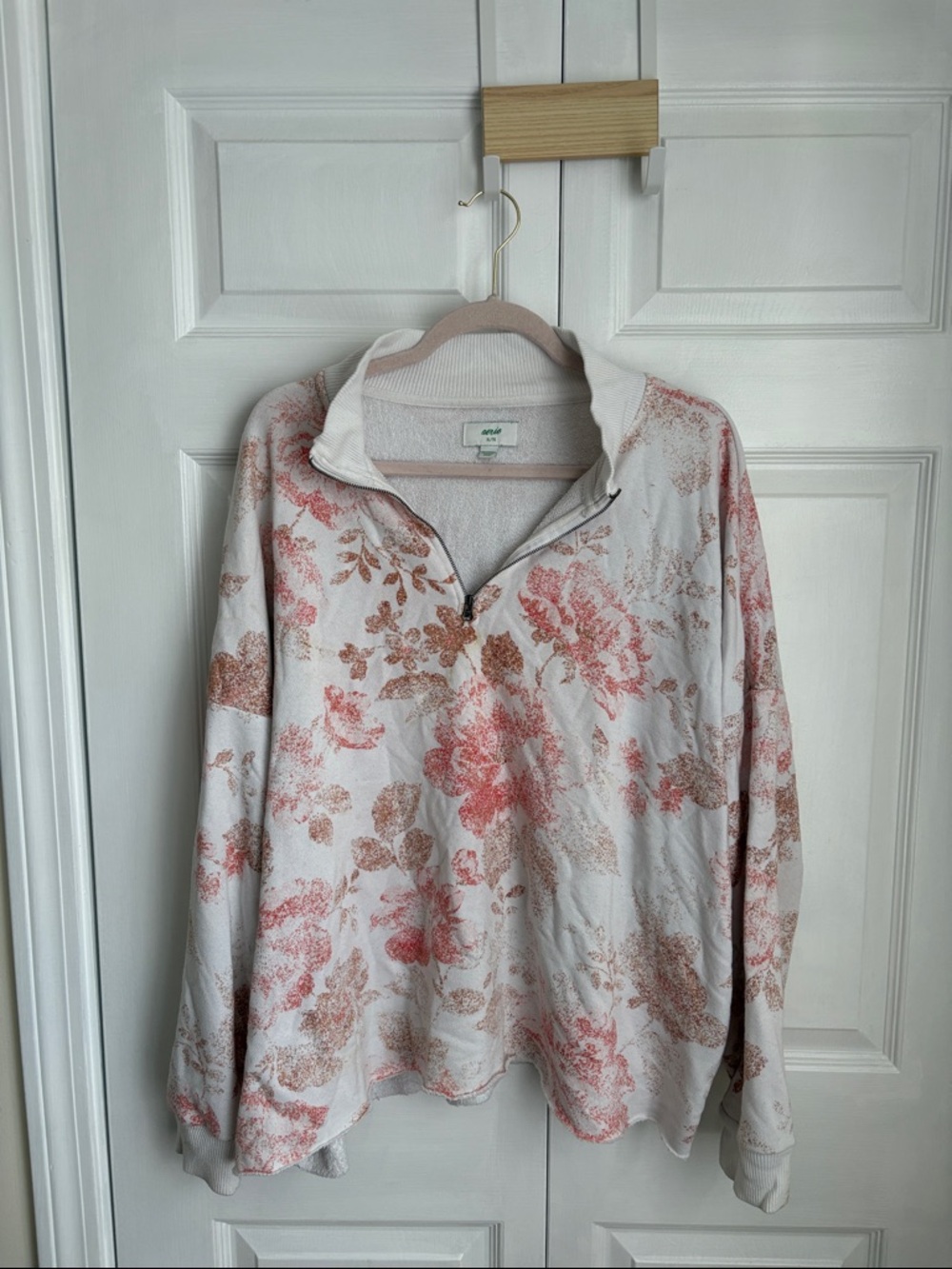 aerie White Floral Quarter-Zip Sweatshirt